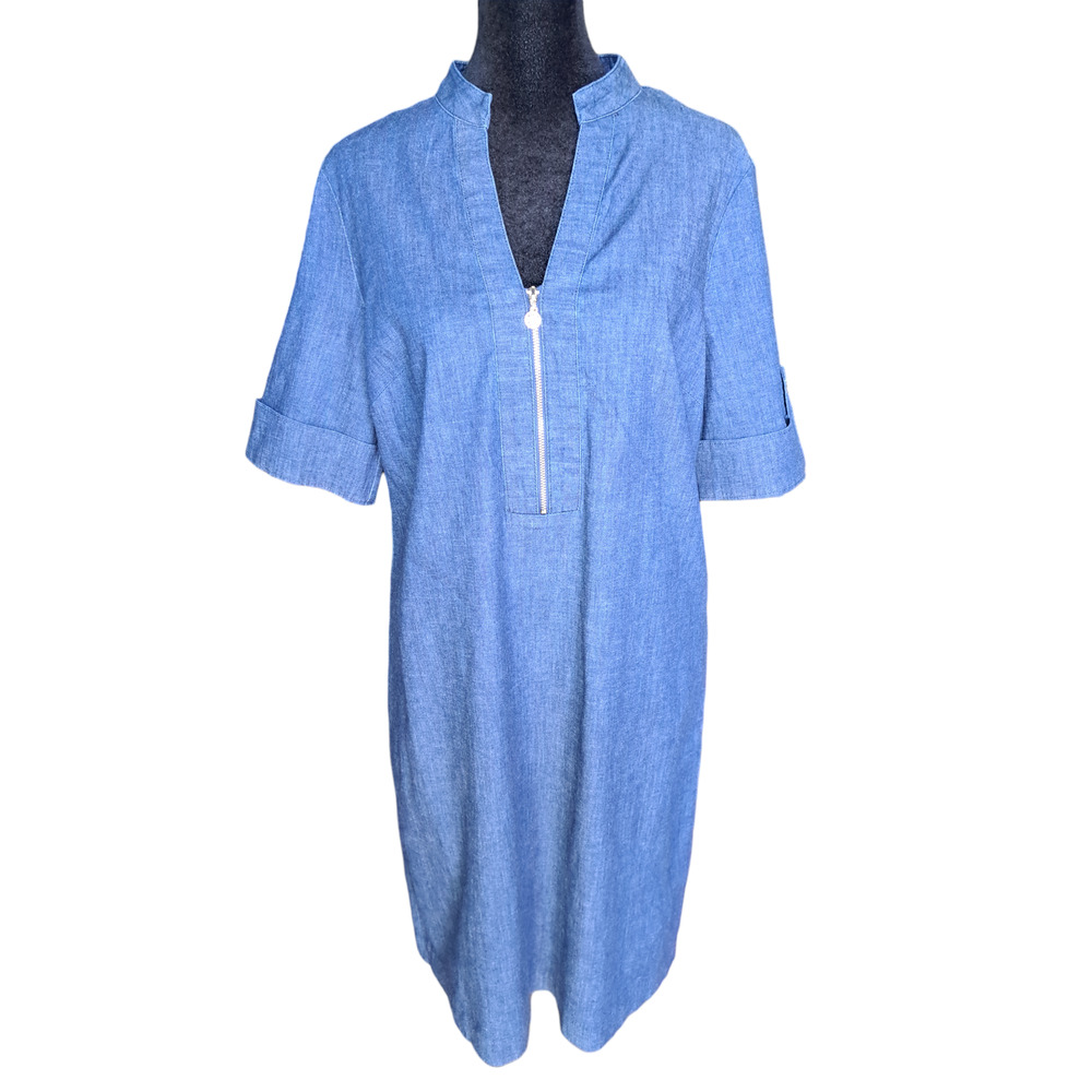 Anne Klein Women's Zippered-Neck Tab-Cuff Denim Shift Dress Size 6